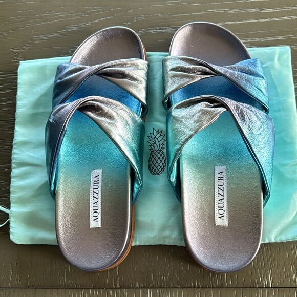 NWOB Aquazzura Twist Leather Metallic Blue Sandals Slides Made in Italy Size 38 - Picture 3 of 12